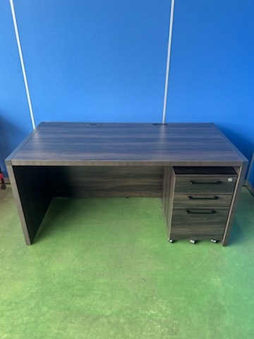 イノウエ　STO　ブラウン　木製平机＋3段ワゴンセット　※キズあり